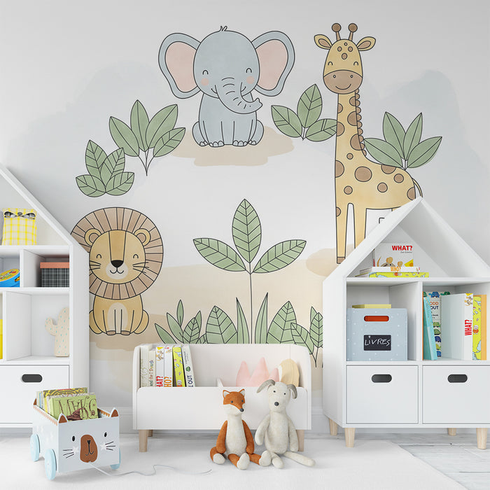 Papel de parede infantil | Animais da savana com elefante, leão, girafa e zebra