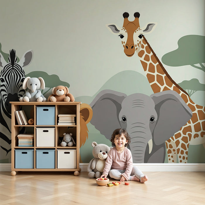 Tapet till barnrum | Savannens djur med elefant, lejon, zebra och giraff