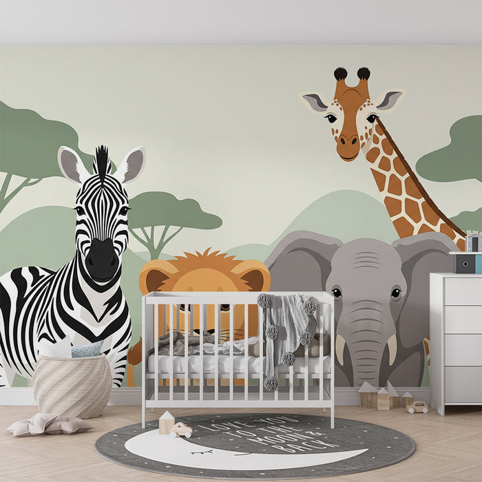 Tapet till barnrum | Savannens djur med elefant, lejon, zebra och giraff