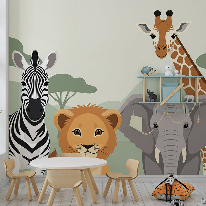 Tapet till barnrum | Savannens djur med elefant, lejon, zebra och giraff
