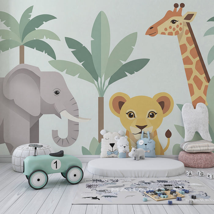Papel de parede criança | Animais da savana com elefante, leãozinho e girafa