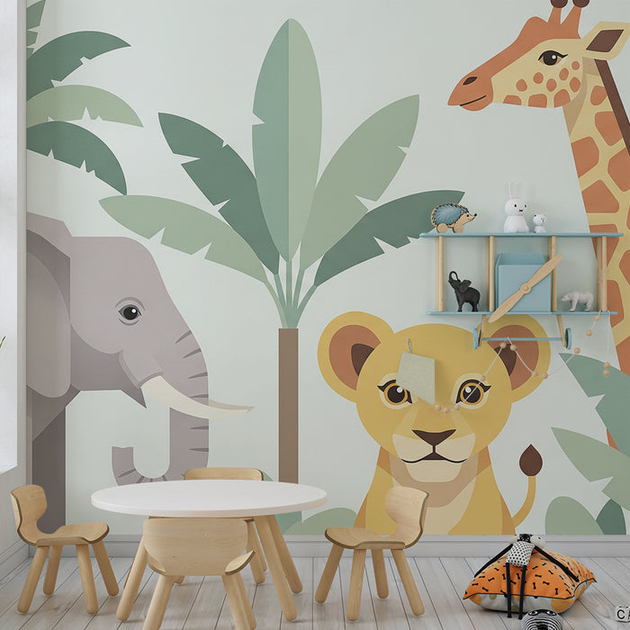 Papel de parede criança | Animais da savana com elefante, leãozinho e girafa