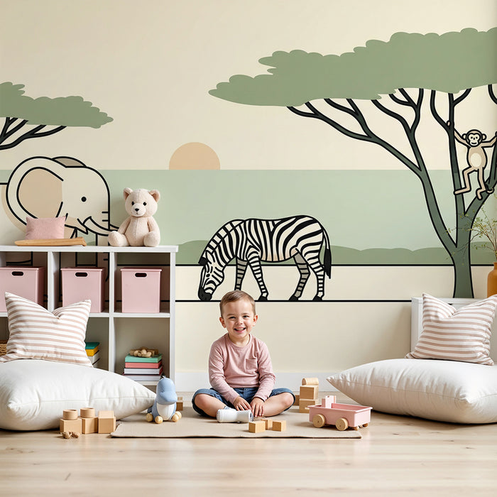 Kinderkamer behang | Savanska živali s slonom, zebro in opico
