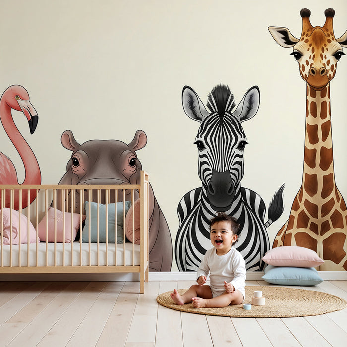 Papier peint chambre enfant | Animaux de la savane avec flamant, hippopotame, zèbre et girafe