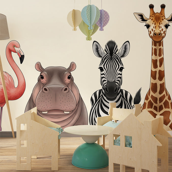 Papier peint chambre enfant | Animaux de la savane avec flamant, hippopotame, zèbre et girafe