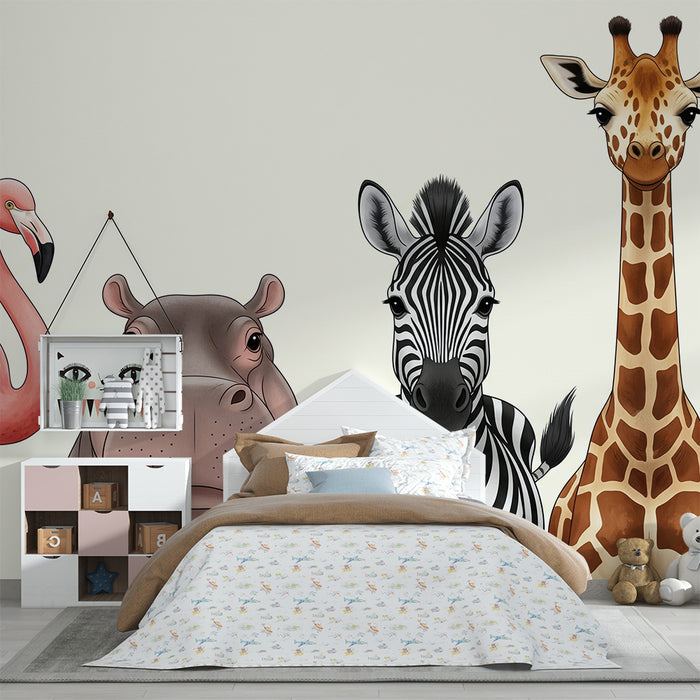 Papier peint chambre enfant | Animaux de la savane avec flamant, hippopotame, zèbre et girafe