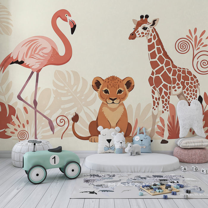 Papier peint chambre enfant | Animaux de la savane avec flamant lionceau et girafe