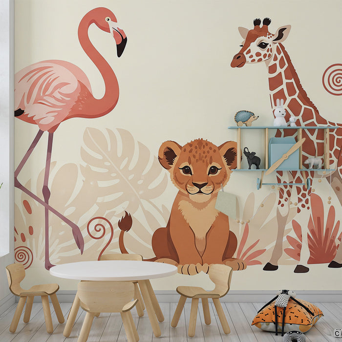 Papier peint chambre enfant | Animaux de la savane avec flamant lionceau et girafe
