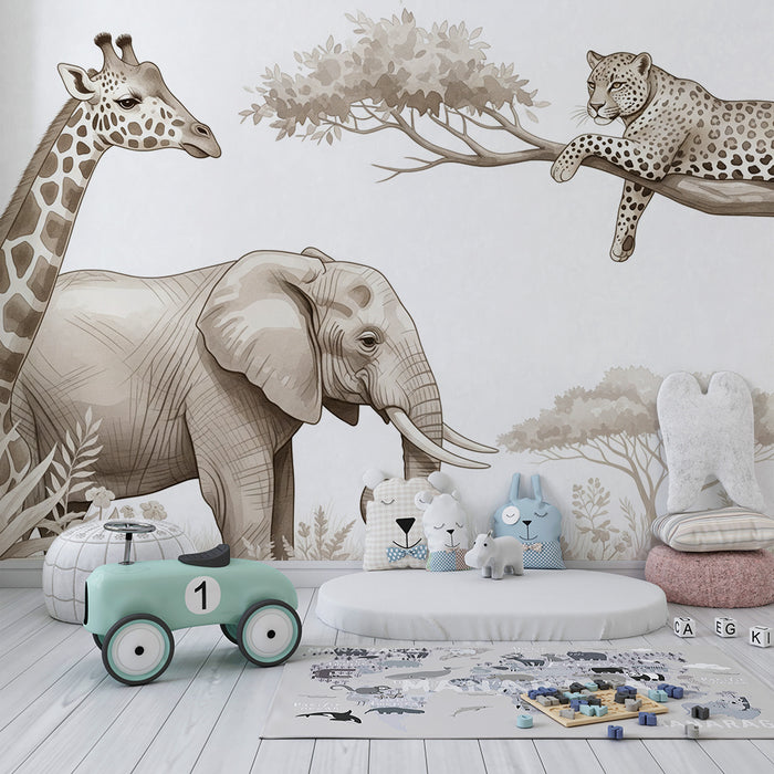 Kinderkamer behang | Savanne dieren met giraffe, olifant en luipaard