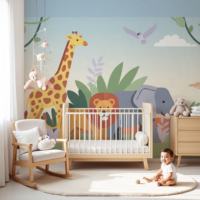 Papel pintado infantil | Animales de la sabana con jirafa, elefante y león