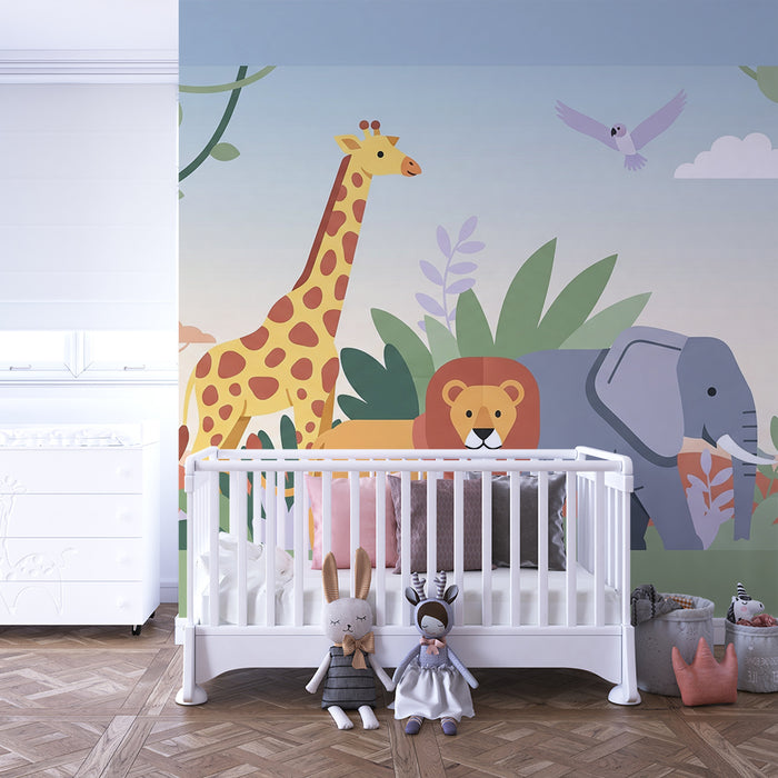 Papel pintado infantil | Animales de la sabana con jirafa, elefante y león