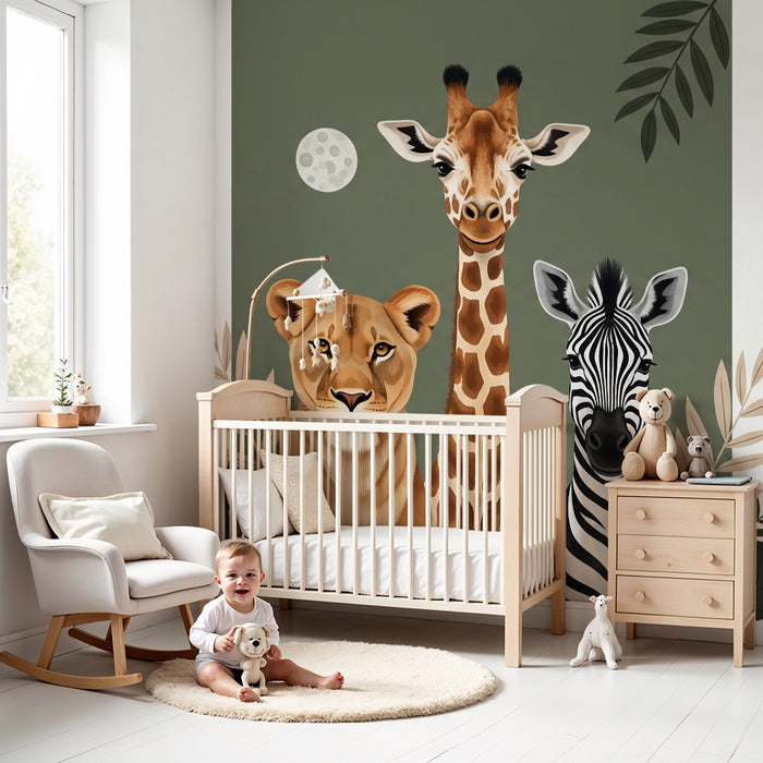 Tapeta do dětského pokoje | Zvířata ze savany – žirafa, lvice a zebra