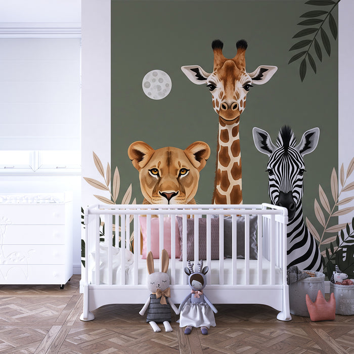 Tapeta do dětského pokoje | Zvířata ze savany – žirafa, lvice a zebra