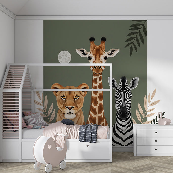 Tapeta do dětského pokoje | Zvířata ze savany – žirafa, lvice a zebra