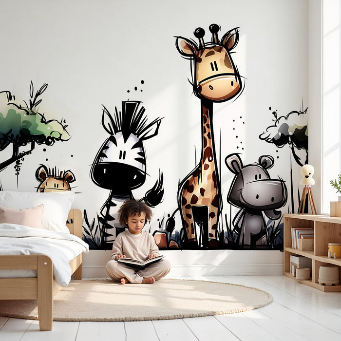 Children's bedroom wallpaper | Safari animals with giraffe, zebra, and hippopotamus