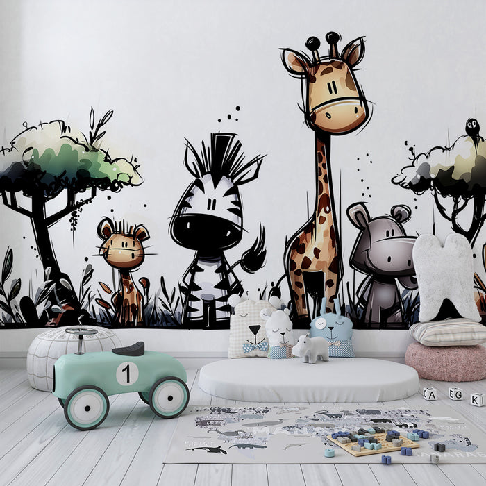 Children's bedroom wallpaper | Safari animals with giraffe, zebra, and hippopotamus