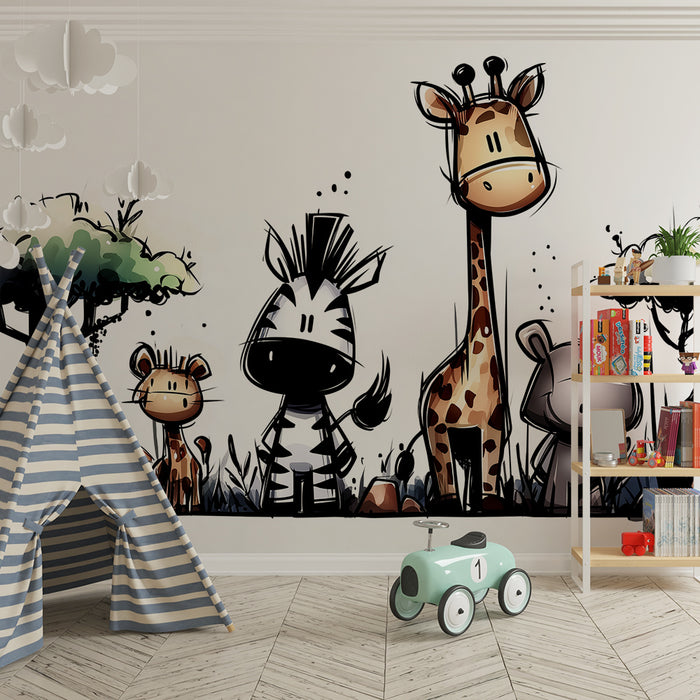 Children's bedroom wallpaper | Safari animals with giraffe, zebra, and hippopotamus