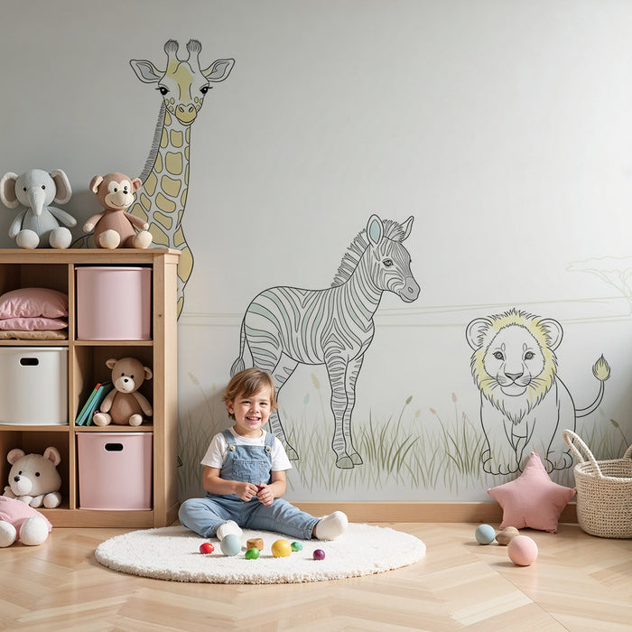Papier peint chambre enfant | Animaux de la savane avec girafe, zèbre et lion