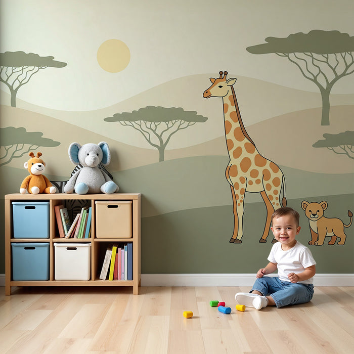 Papier peint chambre enfant | Animaux de la savane avec girafe zèbre et lionceau