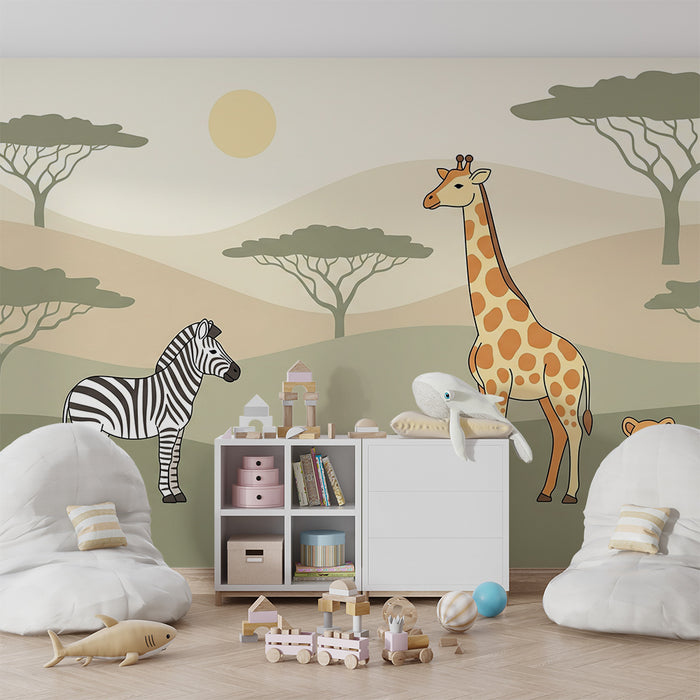 Papier peint chambre enfant | Animaux de la savane avec girafe zèbre et lionceau