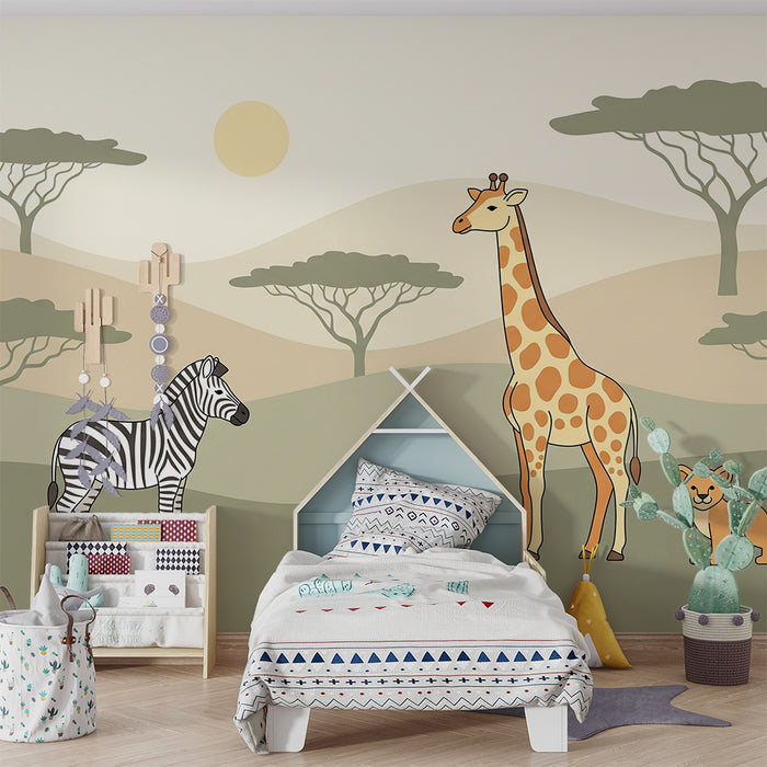 Papier peint chambre enfant | Animaux de la savane avec girafe zèbre et lionceau