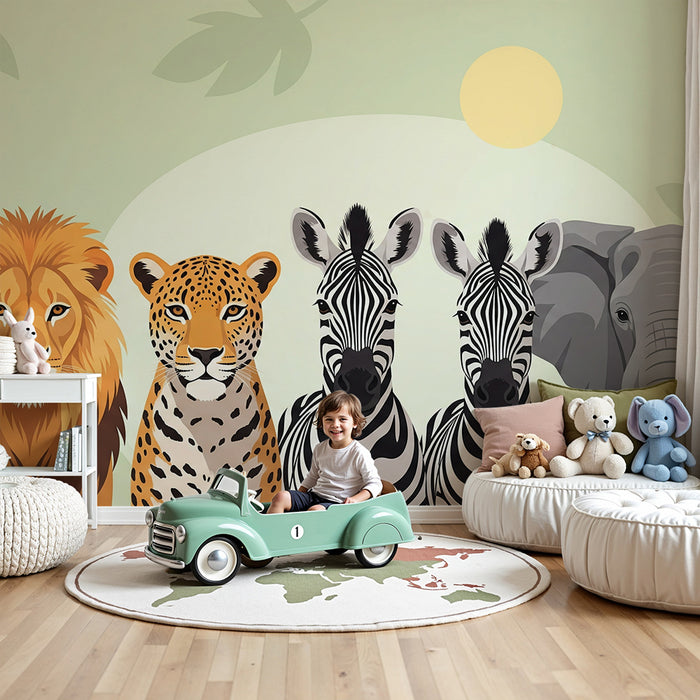 Papier peint chambre enfant | Animaux de la savane avec lion, léopard, zèbres et éléphant