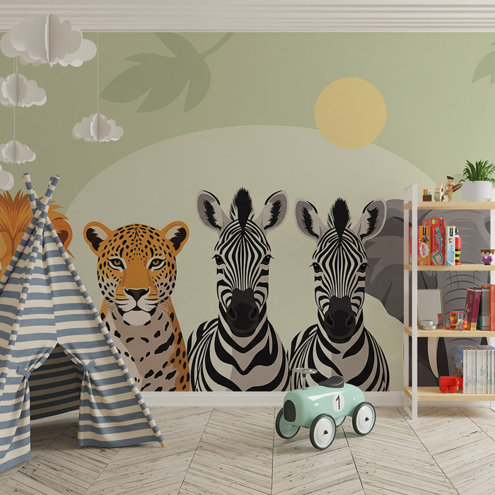 Papier peint chambre enfant | Animaux de la savane avec lion, léopard, zèbres et éléphant