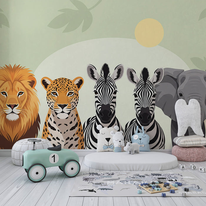 Papier peint chambre enfant | Animaux de la savane avec lion, léopard, zèbres et éléphant
