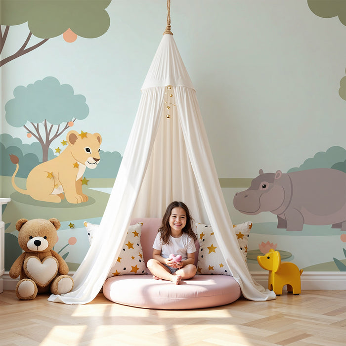 Papier de parede dječje sobe | Safari životinje s lavljem i nilskim konjem