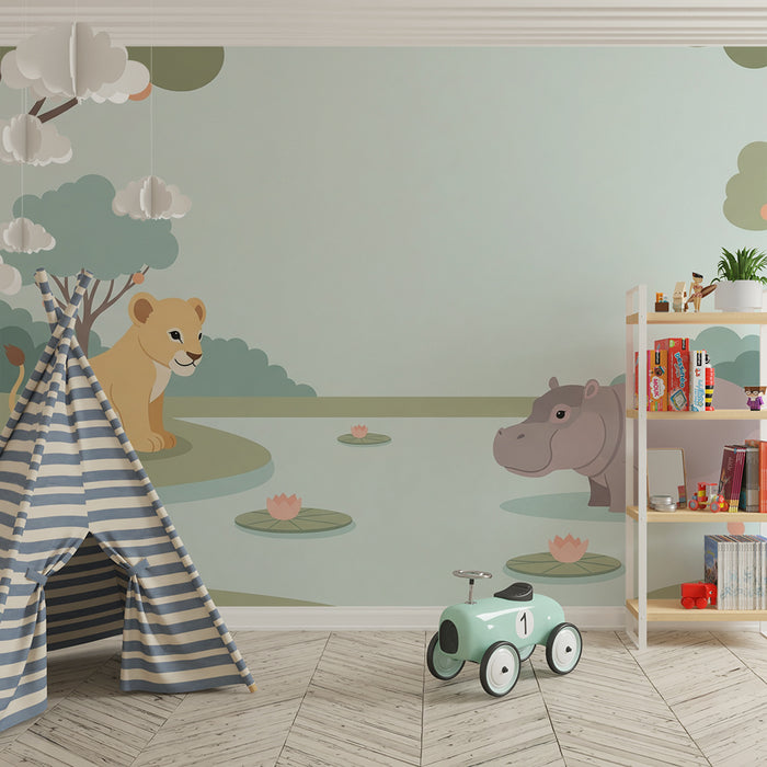 Papier de parede dječje sobe | Safari životinje s lavljem i nilskim konjem
