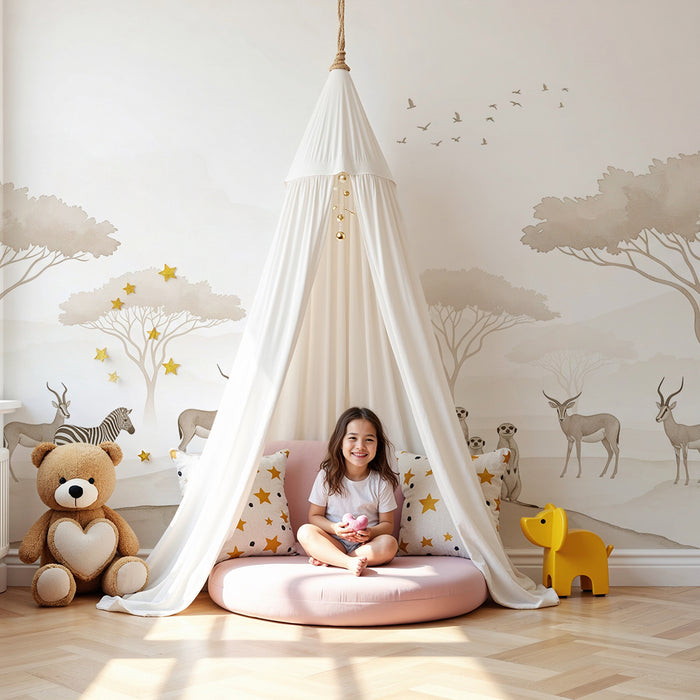 Papier peint chambre enfant | Animaux de la savane dans des tons doux