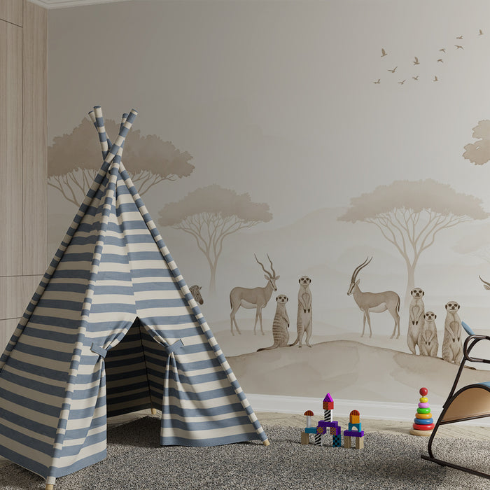 Papier peint chambre enfant | Animaux de la savane dans des tons doux