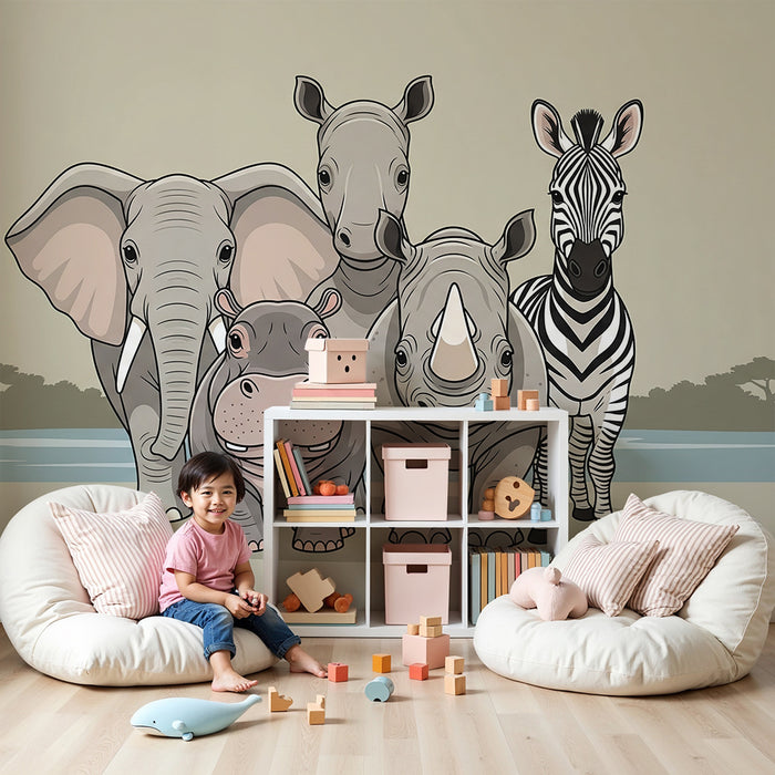 **Barneveggpapir | Savannedyr: elefant, flodhest, neshorn og sebra**