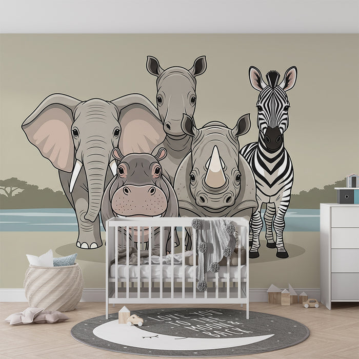 **Barneveggpapir | Savannedyr: elefant, flodhest, neshorn og sebra**