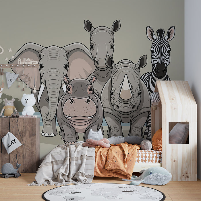 **Barneveggpapir | Savannedyr: elefant, flodhest, neshorn og sebra**