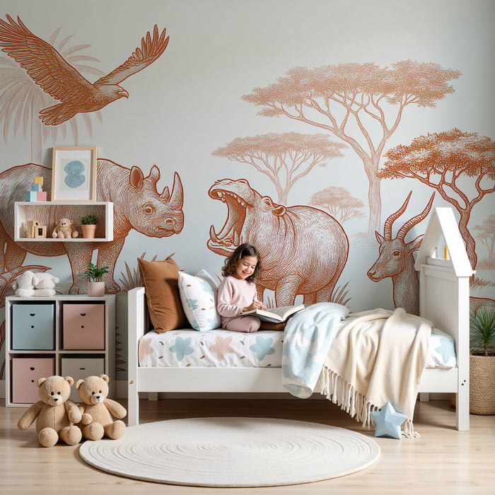 Kinderzimmer Tapete | Savannentiere in sanften Orangetönen