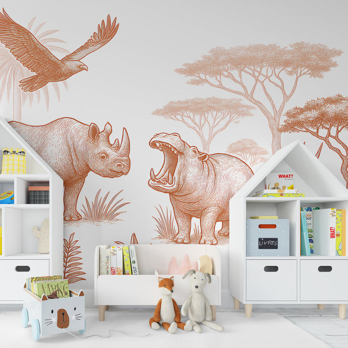 Kinderzimmer Tapete | Savannentiere in sanften Orangetönen