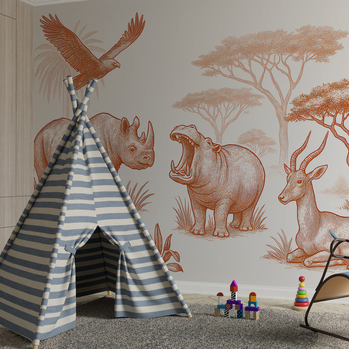 Kinderzimmer Tapete | Savannentiere in sanften Orangetönen