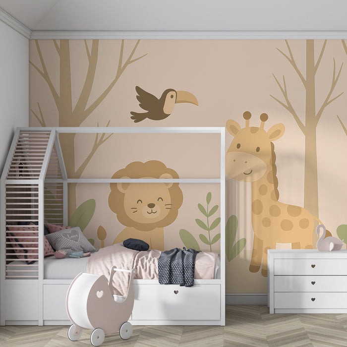 Papier peint chambre enfant | Animaux de la savane en douceur