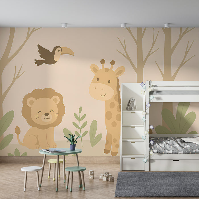 Papier peint chambre enfant | Animaux de la savane en douceur