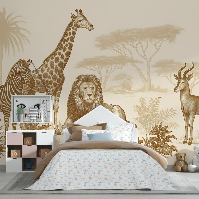Papier peint chambre enfant | Animaux de la savane en harmonie