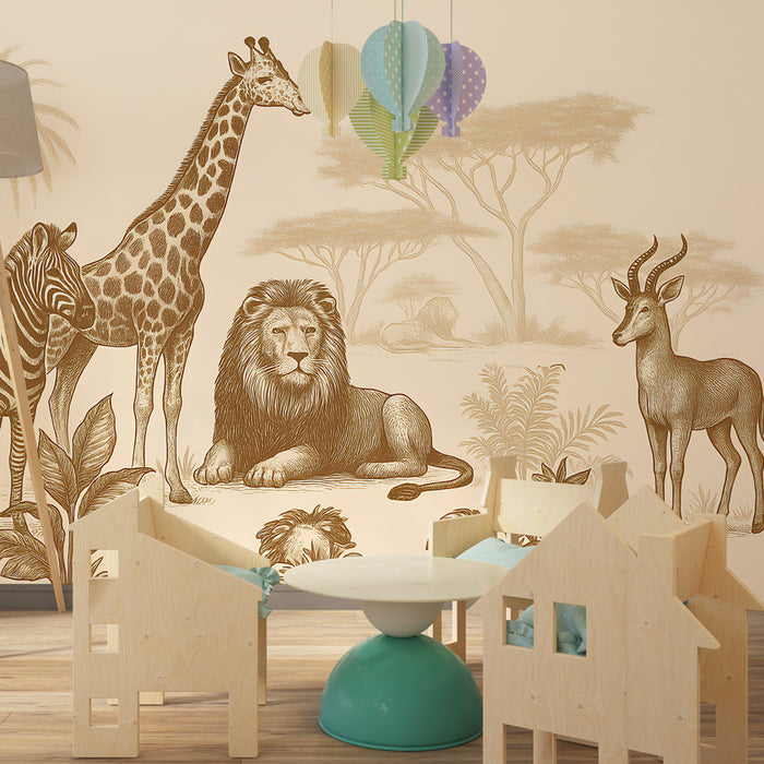 Papier peint chambre enfant | Animaux de la savane en harmonie