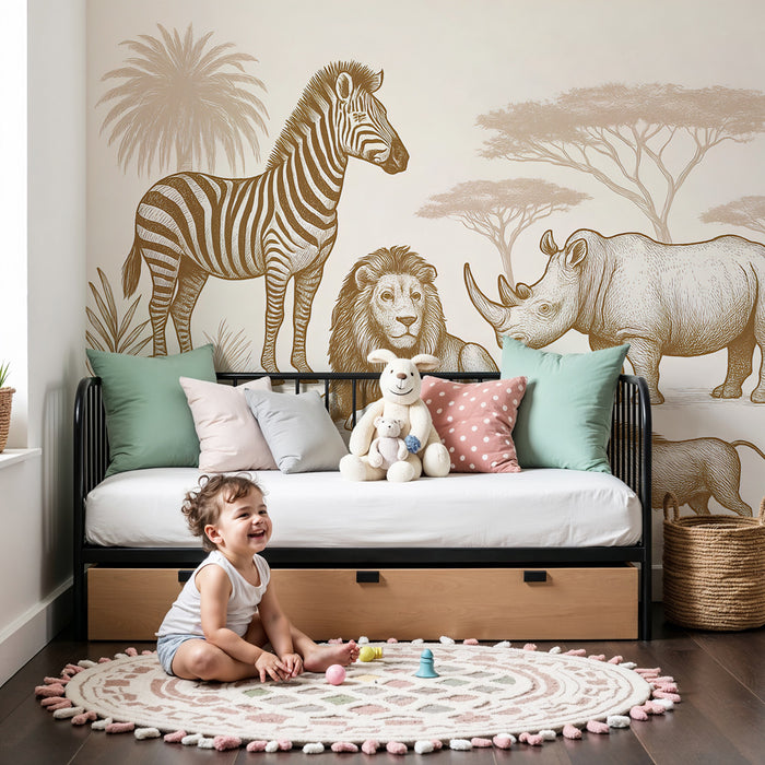 Papier peint chambre enfant | Animaux de la savane en sepia