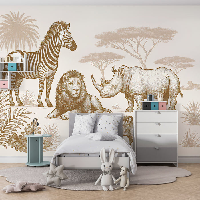 Papier peint chambre enfant | Animaux de la savane en sepia