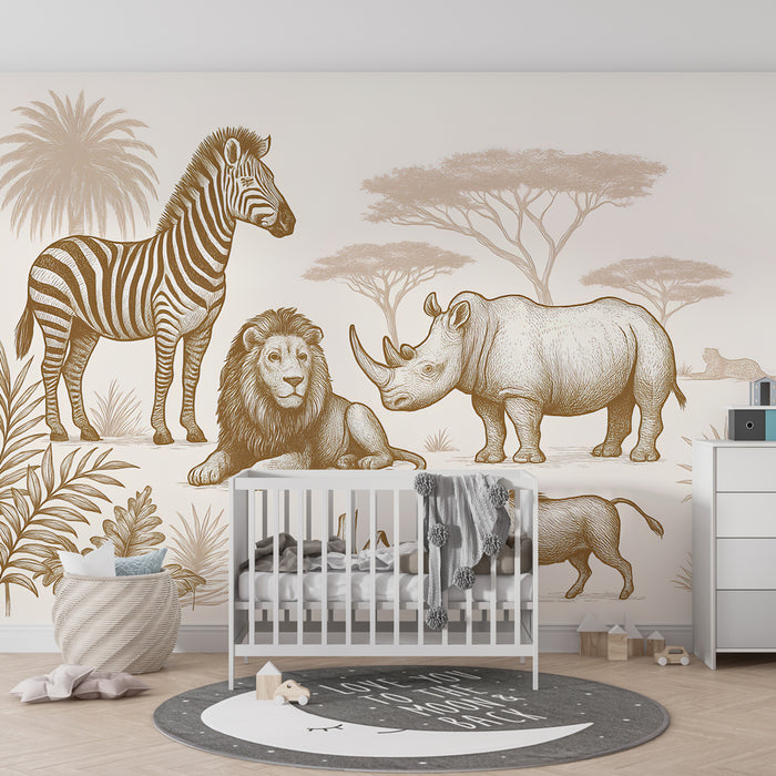 Papier peint chambre enfant | Animaux de la savane en sepia
