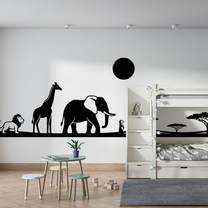 Carta da parati bambini | Animali della savana in silhouette monocromatiche