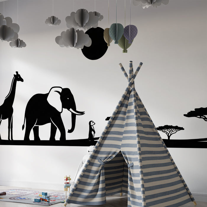 Carta da parati bambini | Animali della savana in silhouette monocromatiche