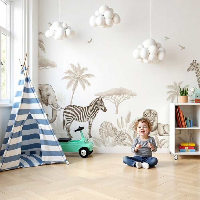 Gyermekszoba tapéta | Szavanna állatai enyhe árnyalatokban