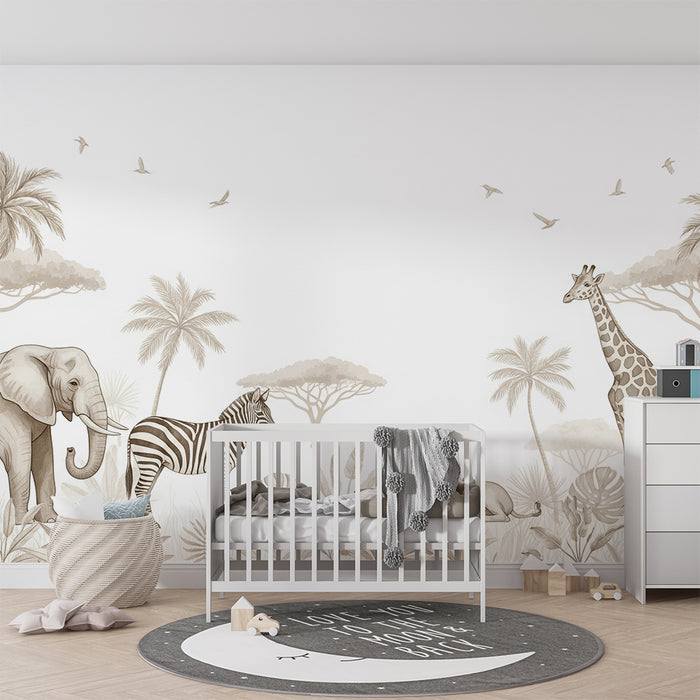 Gyermekszoba tapéta | Szavanna állatai enyhe árnyalatokban