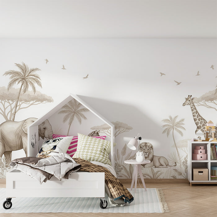 Gyermekszoba tapéta | Szavanna állatai enyhe árnyalatokban